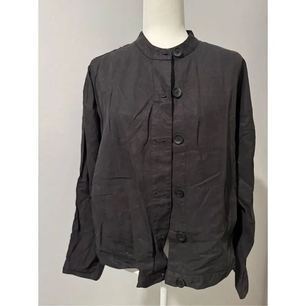 Eileen Fisher black front button light jacket top M